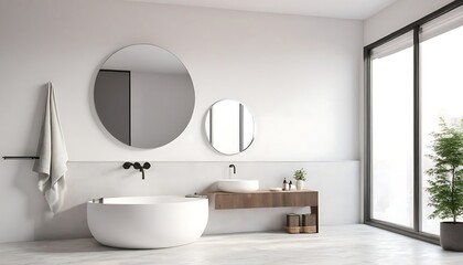 Fototapeta na wymiar 3d rendering of a modern minimal white bathroom with big round mirror