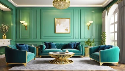 A green living room with blue and gold furniture stock photo & 3d model design art deco bedroom
