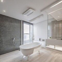 A modern interior design apartment may feature a bathroom ventilation fan