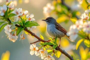 Obraz premium Warbler perched on sunlit nectar-filled blooms, a serene moment in the garden's golden light.