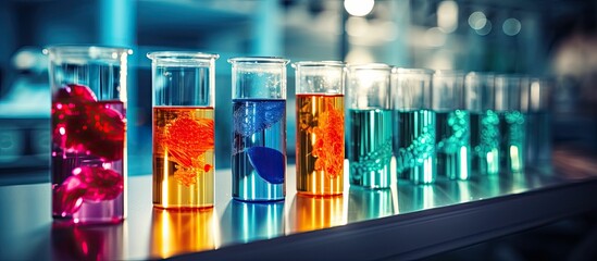 Test tubes with liquids in different colors in a laboratory, a laboratory team working in the background - obrazy, fototapety, plakaty