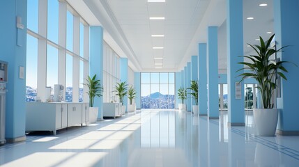 Empty hospital hallway with serene and unfocused background for a soothing and tranquil atmosphere