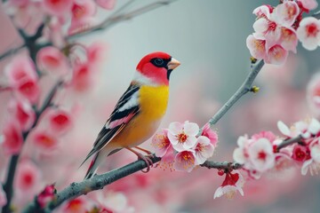 Fototapeta premium Colorful finch perches on a blooming branch, a vibrant display of nature's artistic palette.