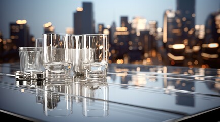 Fototapeta na wymiar Transparent glasses with ice cubes on a glass table against the backdrop of a night cityscape