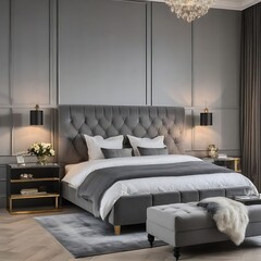 Classic grey bedroom interior with grey buttoned bed and luxury lamps and a stool
