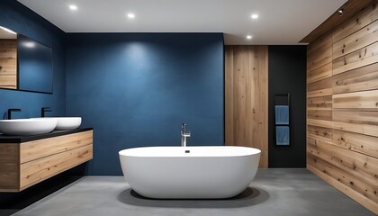 Fototapeta na wymiar Comfortable bathtub and vanity with basin standing in modern bathroom black blue and wooden walls and concrete floor.Front view
