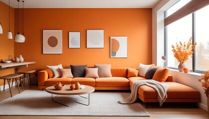 Cozy modern colorful orange interior design of a living with bright warm colors and fluffy textiles, natural earthy tones, warm autumn vibe