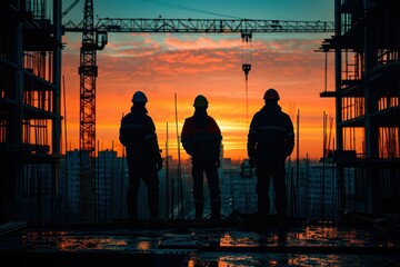 Sunset Silhouettes: Workers on the Rise - obrazy, fototapety, plakaty