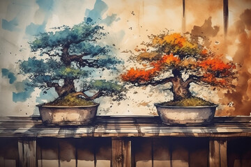 Bonsai in Stone Pots in Watercolor Style, colorful and abstract