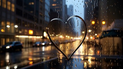 A heart-shaped reflection on a rain-kissed windowpane, with city lights creating a mesmerizing backdrop in the evening -Generative Ai