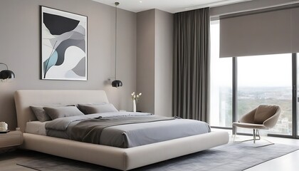 Fototapeta na wymiar Large comfortable bed in stylish room. Modern interior design