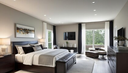 Light modern master bedroom interior with darkwood bed and dresser