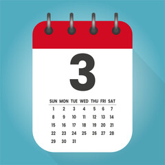 Number 3 - vector icon calendar days. 3th day of the month. Illustration flat style. Date of week, month, year Sunday, Monday, Tuesday, Wednesday, Thursday, Friday, Saturday. Holiday calendare date