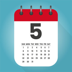 Number 5 - vector icon calendar days. 5th day of the month. Illustration flat style. Date of week, month, year Sunday, Monday, Tuesday, Wednesday, Thursday, Friday, Saturday. Holiday calendare date
