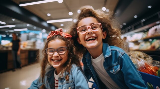 Two happy little girls with glasses in a supermarket
