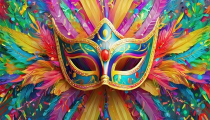 máscara de carnaval centralizada com penas coloridas e adornos, em um fundo colorido - obrazy, fototapety, plakaty