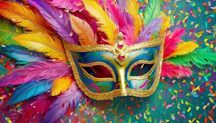máscara de carnaval ao centro com penas coloridas e adornos, em um fundo colorido