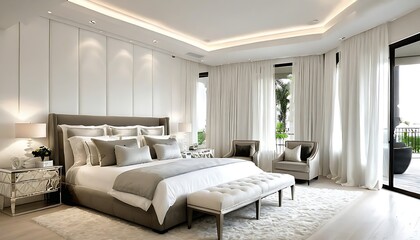 Fototapeta na wymiar Luxury white master bedroom interior
