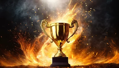 Tuinposter troféu da vitória, força dos vencedores, fundo de fogo e fagulhas © coffeee