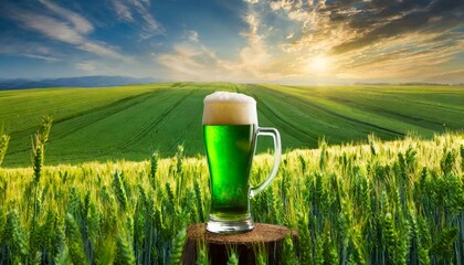 deliciosa e gelada caneca de cerveja em um belo campo verde ensolarado - obrazy, fototapety, plakaty