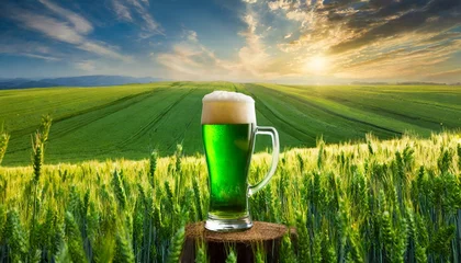 Poster deliciosa e gelada caneca de cerveja em um belo campo verde ensolarado © coffeee