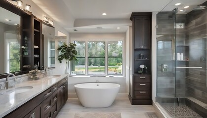 Master bathroom interior in luxury modern home with dark hardwood cabinets, white tub and glass door shower