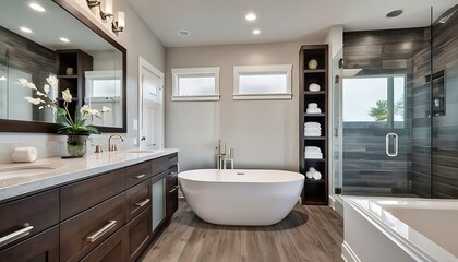 Fototapeta na wymiar Master bathroom interior in luxury modern home with dark hardwood cabinets, white tub and glass door shower
