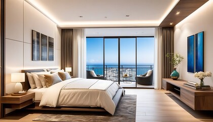 Fototapeta na wymiar Master bedroom interior with private balcony