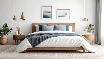 Minimal bedroom interior with Home decoration mock up. Cozy coastal stylish, furniture, comfortable bed, Modern design background