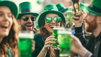 A group of joyful people wearing green hats and clothes celebrating, with glasses of green beer in hand - Powered by Adobe