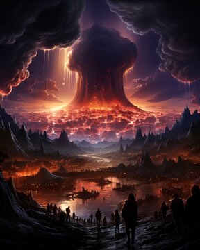 Volcanic eruption over a fantasy landscape