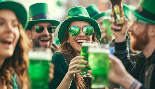 A group of joyful people wearing green hats and clothes celebrating, with glasses of green beer in hand