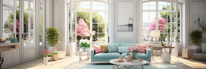 Living room with large French windows overlooking the garden, summer time, cozy living room in pastel colors, banner