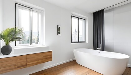 Modern bathroom interior with white bathtub and chic vanity, white walls, parquet floor.
