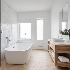 Fototapeta na wymiar Modern bathroom interior with white bathtub and chic vanity, white walls, parquet floor.