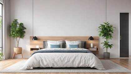 Modern bedroom with side table with white door and sofa with indoor plant, bed with bedside table with wall shelf ,white door with carpet and wooden floor interior design concept , 3d illustration