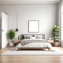 Modern bedroom with side table with white door and sofa with indoor plant, bed with bedside table with wall shelf ,white door with carpet and wooden floor interior design concept , 3d illustration