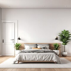 Modern bedroom with side table with white door and sofa with indoor plant, bed with bedside table with wall shelf ,white door with carpet and wooden floor interior design concept , 3d illustration