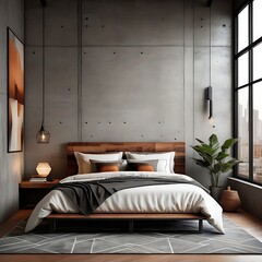 Modern industrial-style bedroom interior with concrete walls and a metal bed frame. The space is accented by warm wood tones and a geometric rug