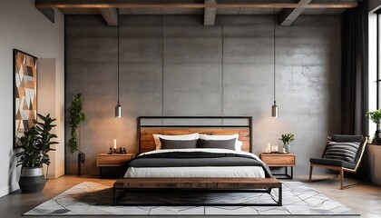 Modern industrial-style bedroom interior with concrete walls and a metal bed frame. The space is accented by warm wood tones and a geometric rug