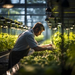 Male horticulturist examining young plants in greenhouse - obrazy, fototapety, plakaty