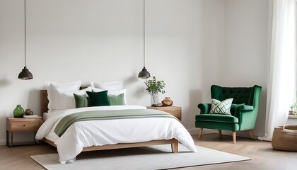 Natural bedroom interior with a cozy, white bed with decorative cushions standing between a fireplace and a green armchair. 