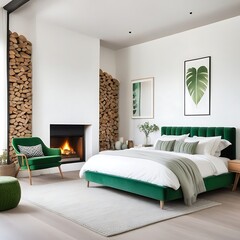 Natural bedroom interior with a cozy, white bed with decorative cushions standing between a fireplace and a green armchair. 