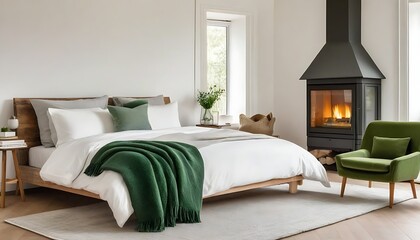 Natural bedroom interior with a cozy, white bed with decorative cushions standing between a fireplace and a green armchair. 