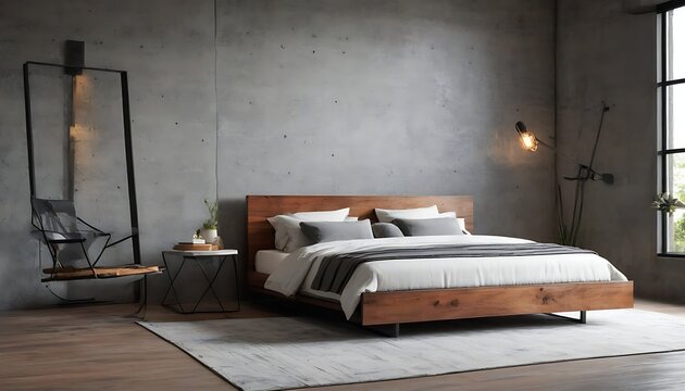Modern industrial-style bedroom interior with concrete walls and a metal bed frame. The space is accented by warm wood tones and a geometric rug