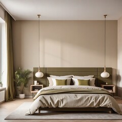Spacious bedroom interior in beige and olive colour