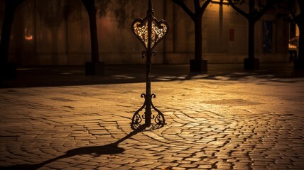 A heart-shaped shadow cast by an old-fashioned streetlamp on a cobblestone street -Generative Ai - obrazy, fototapety, plakaty