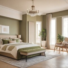 Spacious bedroom interior in beige and olive colour
