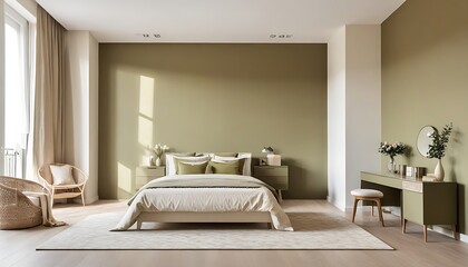 Spacious bedroom interior in beige and olive colour