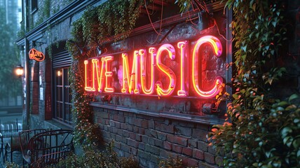 A Neon sign saying "Live Music" surround by Green Leaf trellis with a rustic ambience

